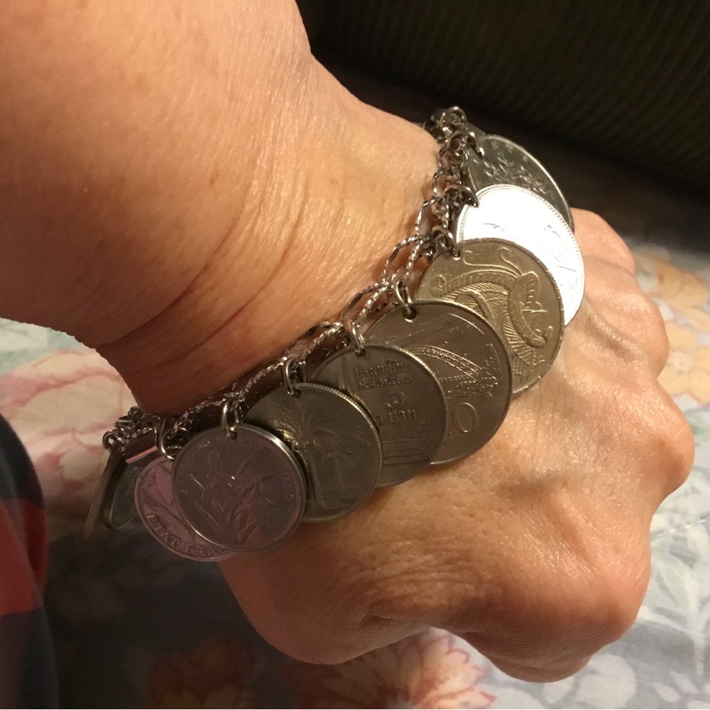 🌹HOST PICK- STERLING SILVER HEAVY 21 COIN CHARM BRACELET/BOX CLASP-SAFETY CLIP